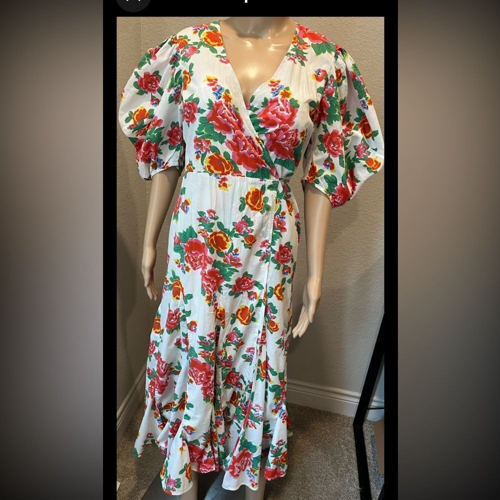 RHODE White wrap Dress with Red and Green Floral Print.